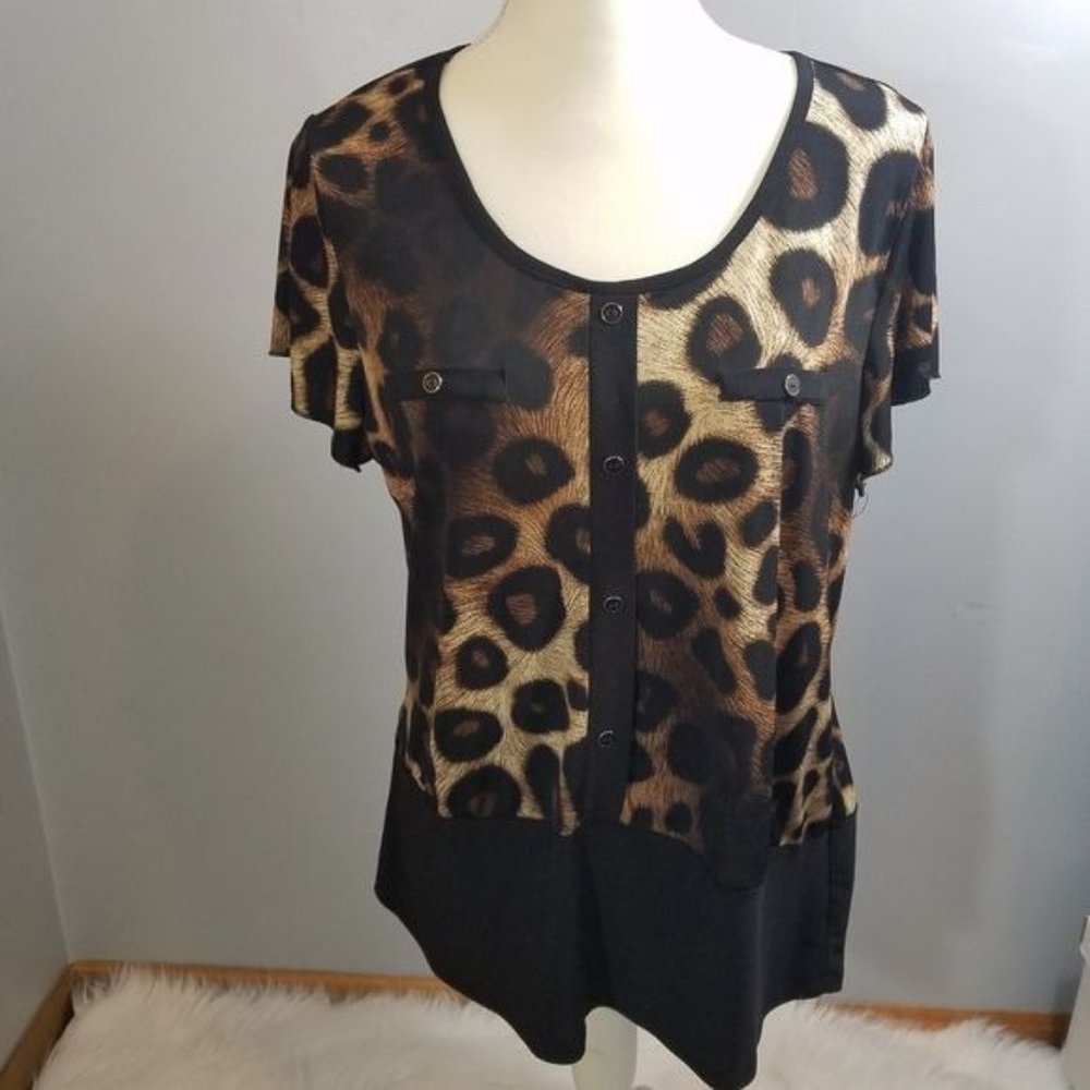Liz McCoy animal print pullover color block blouse size L